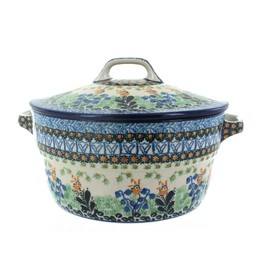 Blue Rose Polish Pottery Lily of the Valley Covered Round Baker