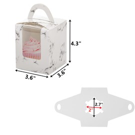 Peohud 100 Pack Individual Cupcakes Boxes, Portable Single Cupcake Container with Window Insert and Handle, Marble Bakery Display Boxes Muffin Gifts Carriers for Wedding, Birthday Party