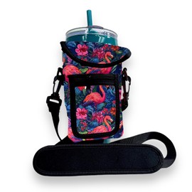 Drink Handlers Around Drink Wrap with Pocket Purse - Versatile Water Bottle Holder with Strap, Ideal for Gym, Travel, Running - 30-40oz Tumbler, Carrier Bag, Bright Flamingo