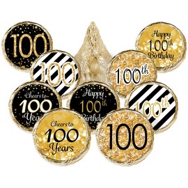 Black and Gold 100th Birthday Party Favor Chocolate Kisses Candy Stickers - 180 Labels