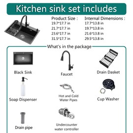 Kitchen Sink Single Bowl Farmhouse Utility Sinks Three Hole Black Stainless Steel Sink With Cup Washer, Soap Dispenser, Faucet, Drainage Kit For Bar, Kitchen, Balcony (19.7 * 17.7in)