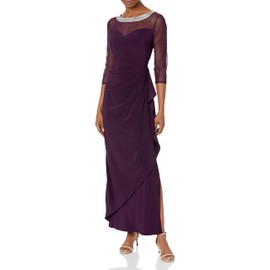 Alex Evenings Women's Long Matte Jersey Mother of The Bride Dress with 3/4 Illusion Sleeves (Petite and Regular Sizes), Eggplant, 8