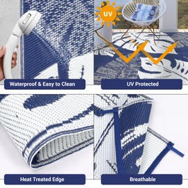 Waterproof 8x10 Outdoor Rug for Patio Reversible Plastic Straw Rug Tropical Camping Carpet with Carry Bag, Stain & UV Resistant Portable RV Carpet for Camper Deck Balcony Porch Beach Picnic,Navy