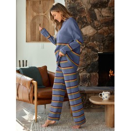 LILLUSORY LILLUSORY 2 Piece Sets for Women 2025 Two Piece Lounge Sets Fall Fashion Oversized Striped Knit Sweaters Outfits Clothes StripesDustyBlue XL