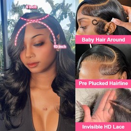 KinMos 13x6 Body Wave Lace Front Wigs Human Hair Pre Plucked 200 Density HD Transparent Lace Frontal Wigs Human Hair for Women Glueless Wigs Human Hair with Baby Hair 18 Inch Natural Black