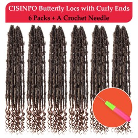 CISINPO Butterfly Locs with Curly End 22 Inch, 6 Packs Boho Distressed Locs Crochet Hair, Bohemian Goddess Faux Butterfly Braids with Wavy Ends (T30, Ombre Medium Dark Brown)