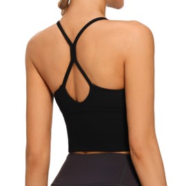VIBOJOY Longline Strappy Padded Sports Bras Workout Running Tank Crop Tops Yoga Gym Fitness Activewear for Women (Black, Small)