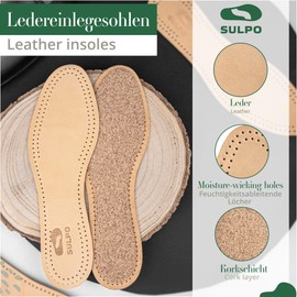 SULPO 3 Pairs of Insoles Made of Vegetable Tanned Leather - Insoles with Natural Cork Against Sweaty Feet for Men and Women Anti Sweat Odour Absorber Soles - Cork Insoles