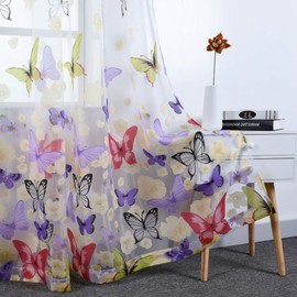 Cortinas translúcidas con diseño floral de mariposas para dormitorio de niños y niñas, cortinas de gasa estampadas, dobladillo para barra, tratamiento de ventana para sala de estar, 2 paneles de 132 cm de ancho por 243 cm de largo