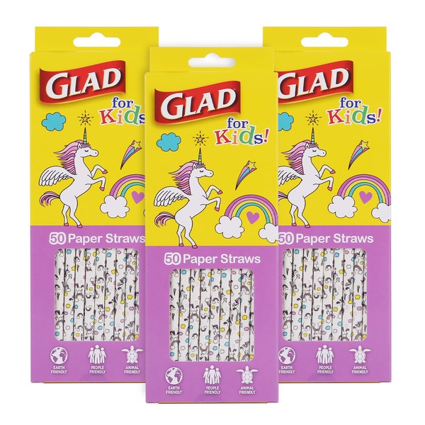 Glad for Kids Paper Straws | Unicorn Paper Straws With Fun and Adorable Design for Kids | 50 Ct Disposable Paper Straws for Drinking, 3 Pack (150 Straws Total)