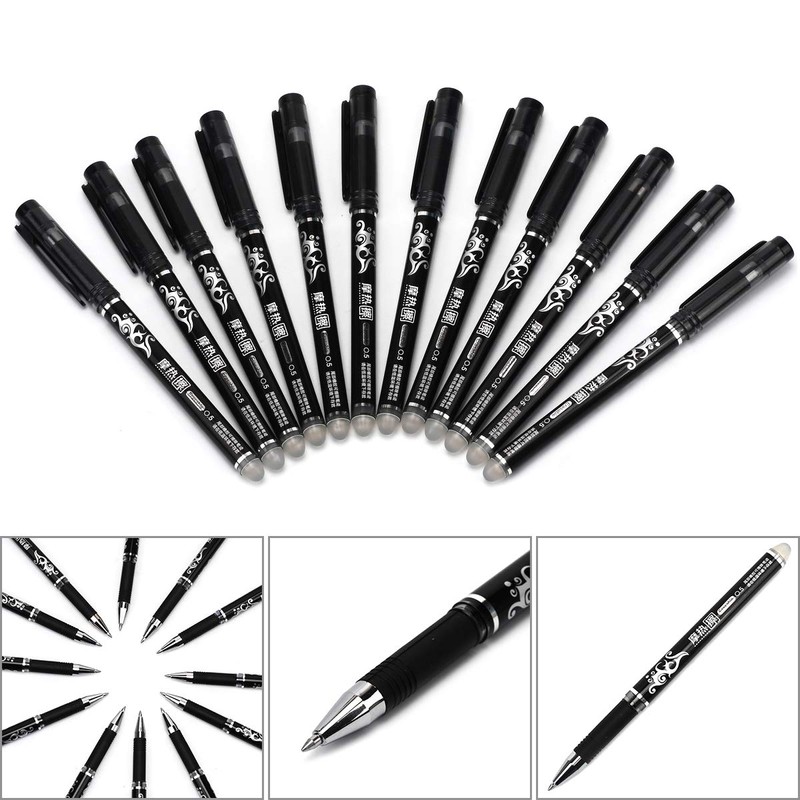 WONOLO 12PCS 0.5mm Erasable Pen Black Gel Ink Roller Ball