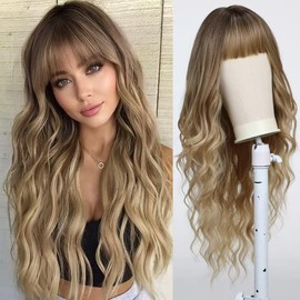 YOUGRACE Blonde Wig with Bangs Long Wavy Ombre Wigs for Women 26 Inch Curly Blonde Wigs with Dark Root Synthetic Heat Resistant Wigs for Daily Party Use
