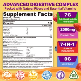 1Pack Fiber Gummies for Adults with Psyllium Husk, 7G(Soluble + Insoluble) Daily Prebiotic Fiber with Inulin, FOS, Guar Gum, Multivitamins for Daily Digestive Health, Regularity Gut Support,Sugar Free