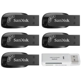 SanDisk 32GB (5 Pack) Ultra Shift USB 3.0 High Speed 100MB/s Flash Drive SDCZ410-032G Bundle with (1) GoRAM Card Reader (32GB, 5 Pack)