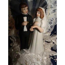 Handmade New Elegant Wedding Caketopper with Bride & Groom, lacy heart background #159