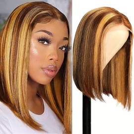 Ombre 4X4 Lace Front Wigs Human Hair Straight Bob Wig Human Hair Short Wigs for Women Human Hair Pre Plucked 150% Density Glueless Perruque Femme Humain Naturel Black 10 Inch 4/27