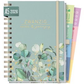 Häfft® Lieblings-Timer Deluxe Calendar 2026 A5 "Minty Leaves" Diary with Spiral Bound, Spiral Calendar, Appointment Calendar, Weekly Planner, Ring Binder Planner - Sustainable and Climate Friendly