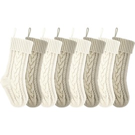 18 Inches Ivory and Khaki Knit Christmas Stockings Bulk Double Side Vintage Family Xmas Stockings for Fireplace and Home Decor,8 Pack