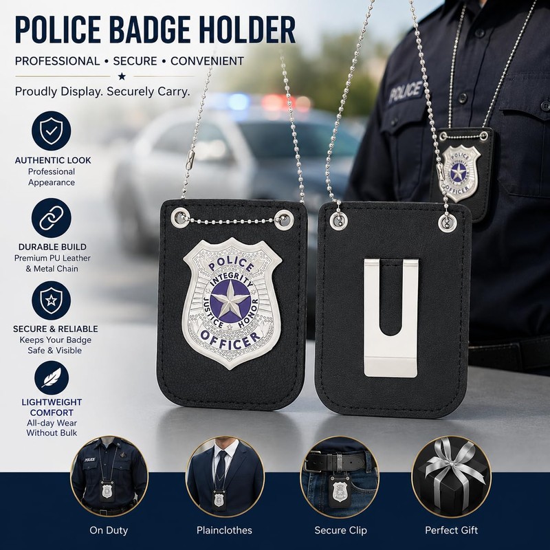 2 Pcs Police Badge Set with Chain and Belt Clip