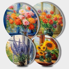 Tucocoo Electric Stove Burner Covers, Window Flowers Vase Set of 4 Round Stove Burner Covers, 8 Inches and 10 Inches, Gas Stove Burner Covers, Metal Stove Burner Cover, Floral Cooktop Decorative