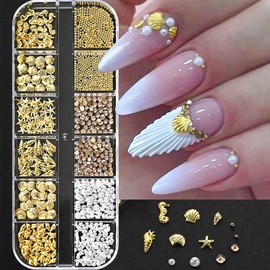 3D Gold Nail Charms 12 Grids Summer Nail Art Charms Seashell Starfish Pearls Nail Rhinestones and Charms Mixed Shape Nail Jewelry Cute Nail Accessories for Women DIY Manicure Decorations Supplies