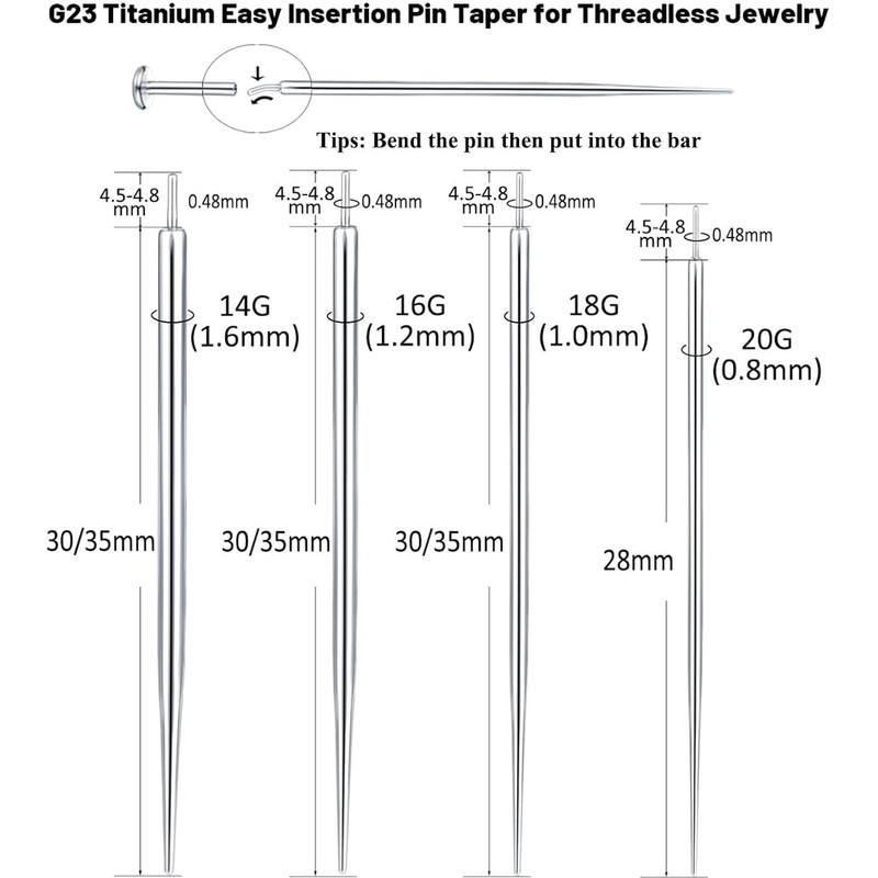 Lyuxzad G23 Titanium Threadless Piercing Taper, 4pcs 16G 18G Piercing