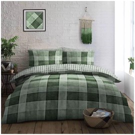 VELVETIO Denim Check Beddings Duvet Cover and Pillowcase, Soft Reversible Tartan Checked Quilt, Breathable Printed Blocks Checkered Lightweight Bed linen Comforter Set, Single Size, Green