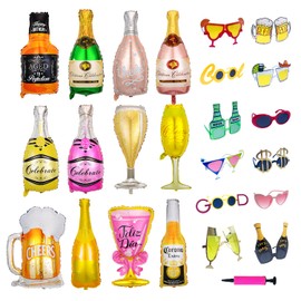 24 Pack Large Champagne and Wine Bottle Foil Balloons & Novelty Party Sunglasses Set - Party Decorations, Photo Booth Props for Birthday, Bachelorette, Wedding, Graduation, Celebration, Engagement