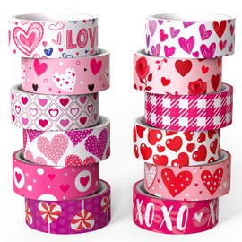 Juego de 12 rollos de cinta Washi para el día de San Valentín, cinta decorativa de corazón rojo, morado y rosa, cinta adhesiva XOXO para suministros de diario, álbumes de recortes, fiesta de