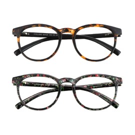 VisionGlobal Blue Light Blocking Glasses, 2 Pairs Computer Glasses for Anti Eyestrain，Stylish Oval Frame, Anti Glare (Red Floral + Dark Tortoise, No Magnification)