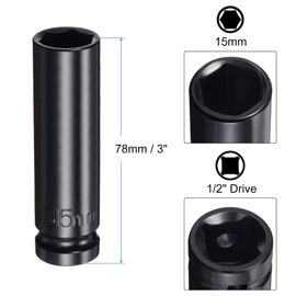 uxcell 1/2" Drive 15mm 6-Point Deep Sockets 3" Length with 1/2" to 1/4" Hex Shank Adapters Phosphate Coated, CR-V Steel Socket Adapter Accessory Set Kit for Hex Bolts Nuts