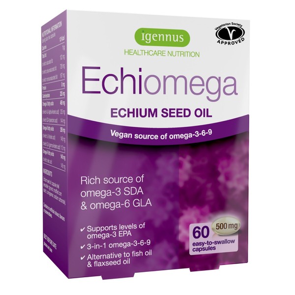 Echiomega Vegan Triple Omega 3 6 9 500 mg, Echium Seed Oil, EFA Supplement for Women with GLA, 60 Softgels