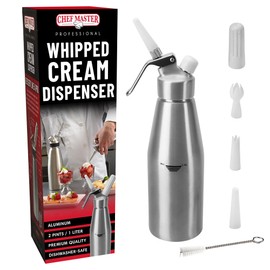 Chef Master (2 Pint / 1 Liter) Aluminum Whipped Cream Dispenser - Decorating Tips for Desserts, Coffee, Latte + Cleaning Brush - Whip Cream Dispenser Canister for Home, Bakery or Restaurant - 90077