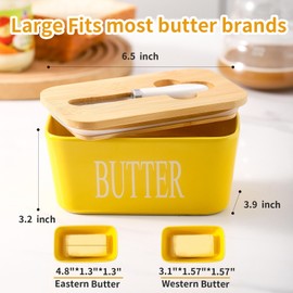 Hasense Porcelain Butter Dish with Lid, Ceramic Butter Dish with Lid Holds For Countertop, Butter Holder with Knife for East West Coast Butter, Airtight Covered Butter Container for Kitchen, Yellow