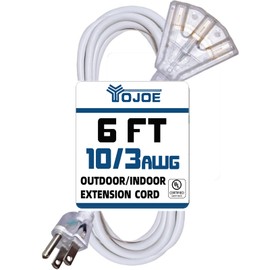 YOJOE 3-Outlets Indoor Outdoor Extension Cord with Lighted End, 3 Prong 15A Weatherproof Power Cord, 10 Gauge Heavy Duty 6 ft White Extension Cord Multiple Outlets, 10/3 SJTW UL Listed