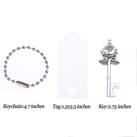 Makhry 52pcs Rose Flower Shape Vintage Key Bottle Opener Wedding Gifts for Guest Souvenir Gift Set with Escort Thank You Tags and Keychain (Antique Silver)