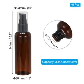 PATIKIL Travel Pump Bottles, 6 Pcs 3.4Oz(100ml) Leak Proof Refillable Empty Dispenser Container Squeeze Bottle with Pump for Shampoo Toiletries Lotion Cream, Brown