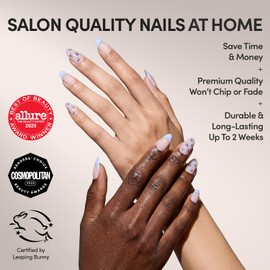 Glamnetic Press On Nails - Bluebelle | Short Almond Fake Nails with Pale Blue French Tips & 3D Blueberry Accents on Semi-Sheer Base, Glossy Finish, Salon Quality | 15 Sizes - 30 Nail Kit with Glue