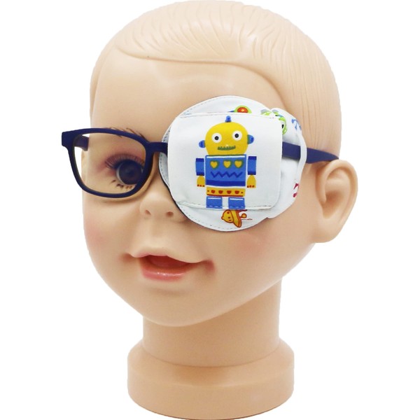 Parche para ojos astrópico 3D de algodón y seda para niños | Parche para ojos para niños | Parche médico para niños con ojo perezoso (robot amarillo, ojo izquierdo)