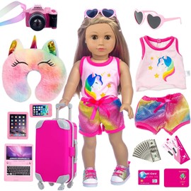 ZITA ELEMENT 24 Pcs 18 Inch Girl Doll Accessories Suitcase Travel Set Including Clothes Suitcase Camera Cell Phone Neck Pillow Sunglasses and Other Travel Set(Doll&Shoes Are Not Included)