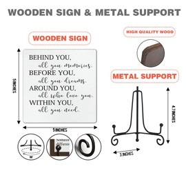 Graduation Quote Desk Wooden Signs Decor Gift Behind You All Your Memories Wood sign Gift Office Dorm Farmhouse Living Room Decor for Friends Positive Wooden Sign Gift, 5 x 5 Inches-E67