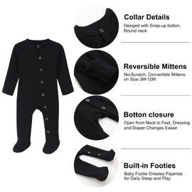 BINIDUCKLING Baby 2-Pack Cotton Snap-Up Sleepsuit - Baby Footed Pajamas with Mitten Cuffs - Long Sleeve Baby Onesies Grows 0-3 Months, Black and Army Green