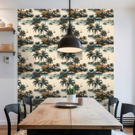 Tropical Coastal Peel and Stick Wallpaper, Palm Tree and Island Wallpaper
