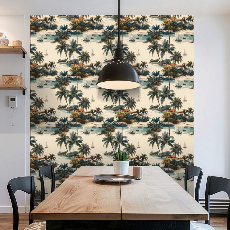 Tropical Coastal Peel and Stick Wallpaper, Palm Tree and Island