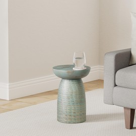 SIMPLIHOME Boyd Solid Mango Wood 13 Inch Wide Round Contemporary Wooden Accent Table in Teal Wash, Fully Assembled, for The Living Room and Bedroom