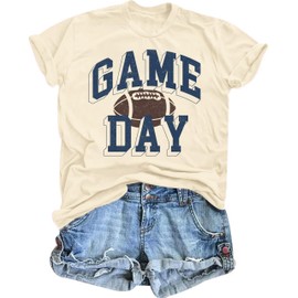Football Shirts for Women Game Day T Shirts Football Outfits Funny Graphic Tee Casual Short Sleeve Tee Shirts Beige