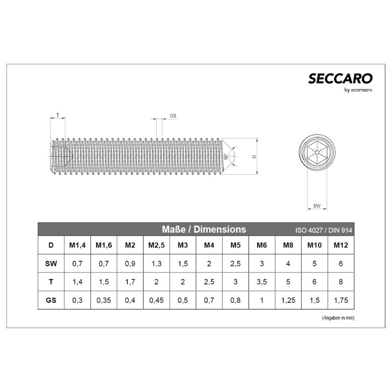 SECCARO 20 Pcs M6 x 12mm Stainless Steel V2A VA