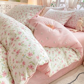 VM VOUGEMARKET Vintage Pink Floral Duvet Cover Queen Cotton Garden Flower Duvet Cover for Teen Girls Reversible Cute Pink White Bedding Set