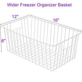 lonpute 16Lx12Wx6H inch Wider Freezer Organizer Baskets Container, Refrigerator Metal Wire Storage Bins with Handles for Kitchen, Pantry, Cabinet, Closets - Pearl White(3 Packs)