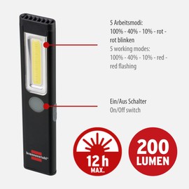 Brennenstuhl LED Akku Handleuchte PL 200 AC/LED Taschenlampe mit COB LED (200lm, inklusive USB C Ladekabel, bis zu 12h Leuchtdauer, Inspektionsleuchte COB mit Magnet und Clip)